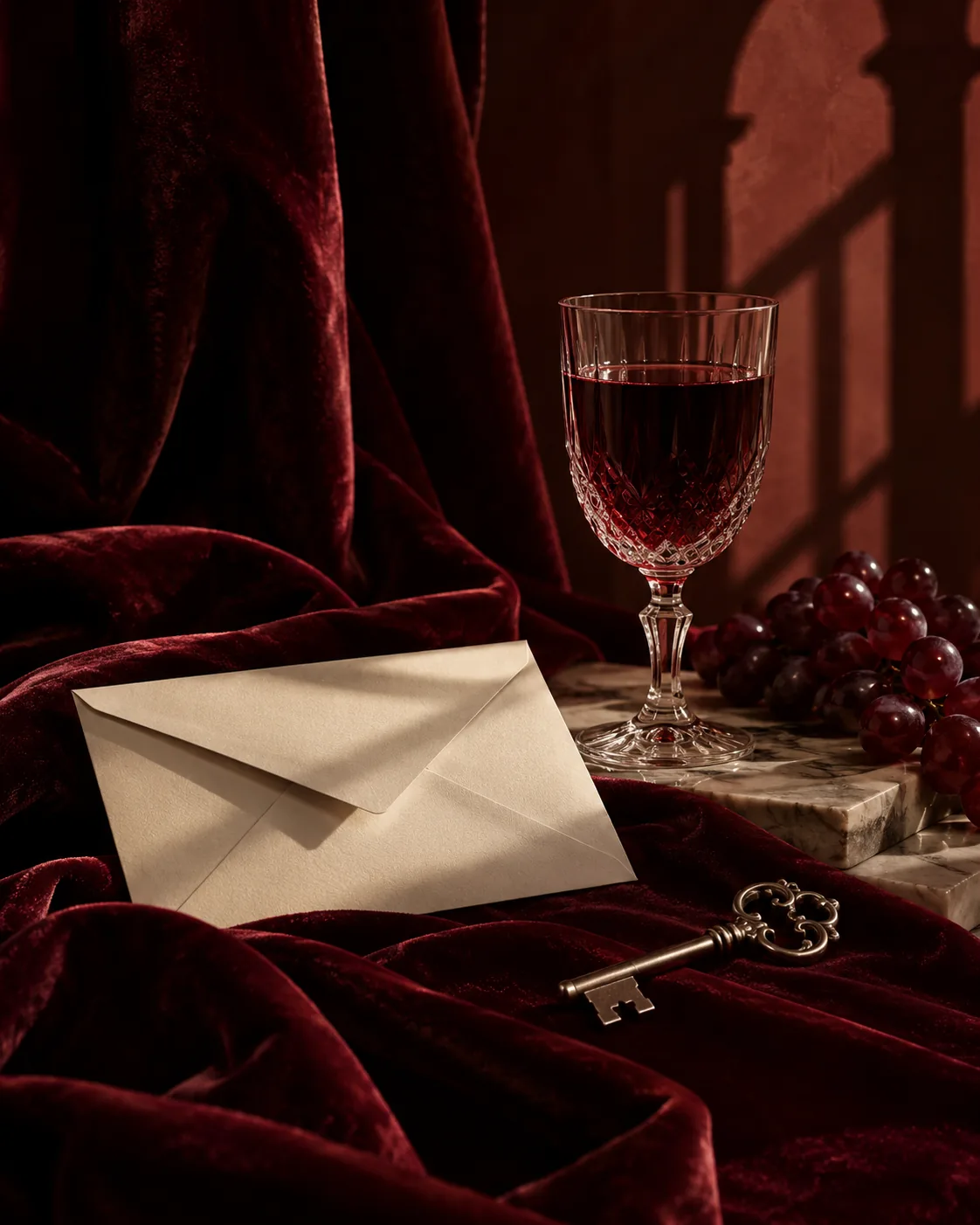 Composição institucional da Luxúria Real com veludo vermelho, envelope, taça e chave